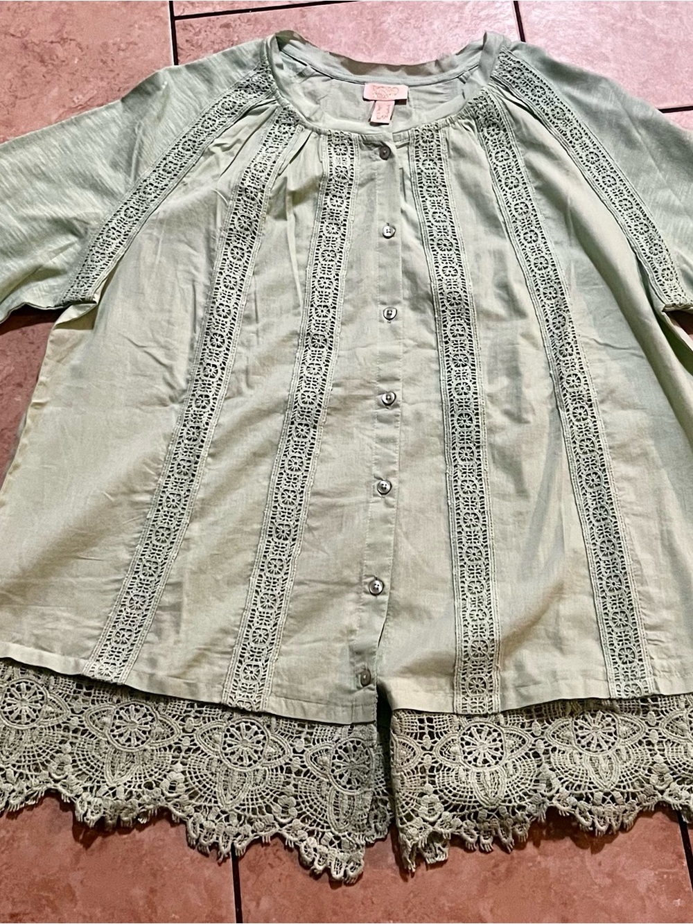 Target Light Green Button-Front Lace Trim Blouse